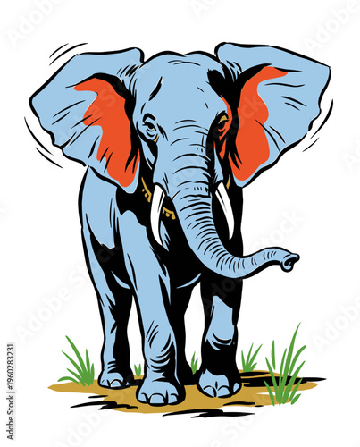 Stylized Blue Elephant Illustration in Retro Comic Book Style