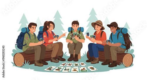 Happy Hikers Enjoying Card Games Together Surrounded by Forest Scenery