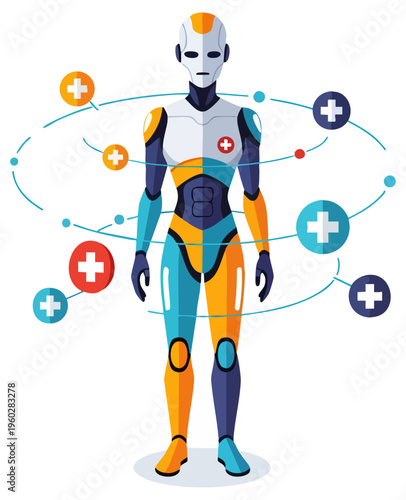 Medical Robot Assistant with Floating Healthcare Symbols and Icons