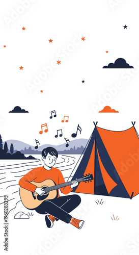 Happy Musician Serenade Under Starry Skies By Vibrant Orange Tent