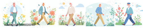 vector grandpa walking happy spring mood