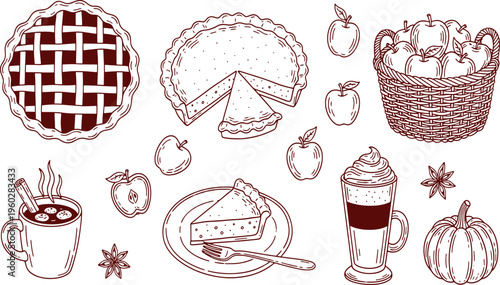 Freshly baked apple pie and warm seasonal treats including pumpkin spice latte and hot cocoa in a hand drawn vector illustration doodle art