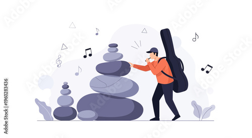 Harmonious Balance With A Musician And Stacked Stones