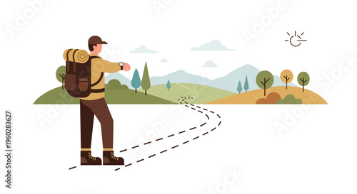 Hiker Checks Watch On Trail Towards Mountain Landscape