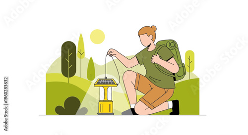 Hiker Connects Solar Lantern to Power Source in Scenic Landscape