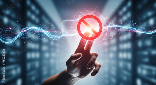 Finger touching forbidden sign glowing red electric energy abstract background technology digital prohibition restricted access
