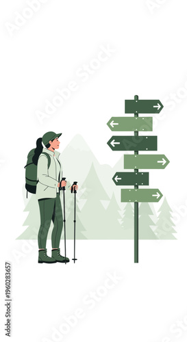 Hiker Contemplates Multiple Directional Signs In Mountainous Terrain