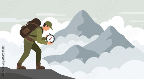 Hiker Navigates Mountain Peaks With Compass Above the Clouds