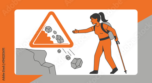 Hiker Faces Falling Rocks Danger Sign Warning Graphic