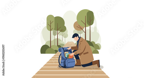 Hiker Packing Backpack on Forest Trail Preparing for Journey Adventure