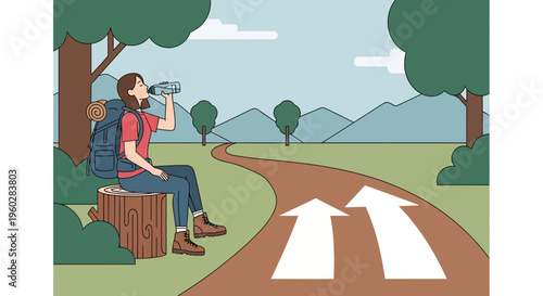 Hiker Taking A Break And Contemplating A Fork In The Trail