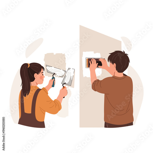 Home Renovation Project With Couple Applying Spackle To Walls