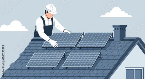 Homeowner Installing Solar Panels On Rooftop For Sustainable Energy