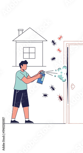 Homeowner Sprays Insects Away From House Doorway