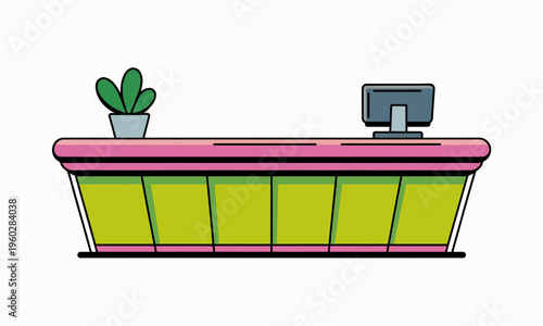 Modern colorful reception desk illustration with computer and plant