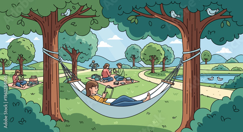 Idyllic Park Scene With People Relaxing Under Trees