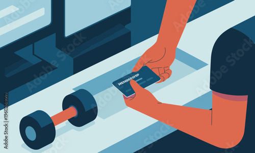 Flat Illustration of Person Holding Gym Membership Card at Counter