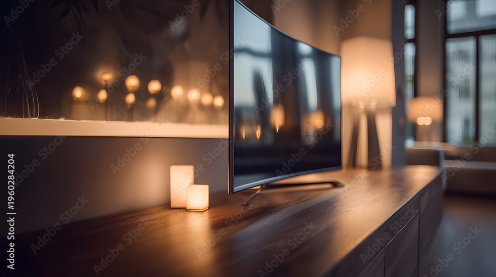 Fototapeta premium Cozy Living Room Ambiance with Modern TV and Warm Lighting.