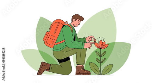 Illustrative Explorer Discovering Vibrant Bloom Amidst Lush Foliage
