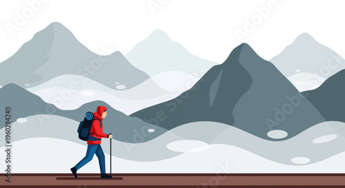 Illustrative Hiker Ascending Majestic Misty Mountain Peaks Digital Art