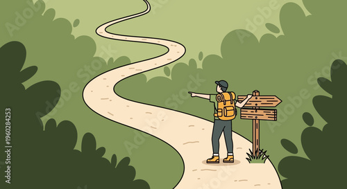 Illustrative Hiker Navigates Winding Forest Trail At Crossroads Signpost