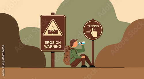 Illustrative hiker pauses by erosion warning and tapping sign amidst abstract landscape