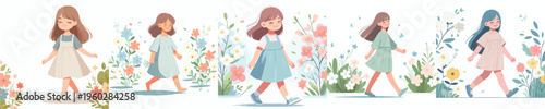 vector little girl walking happy spring mood