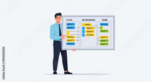 Illustrative Manager Presents Kanban Board Progress And Workflow