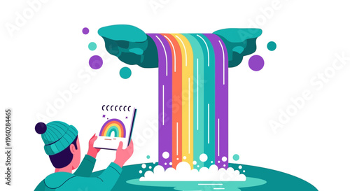Imaginative Person Observing Vibrant Rainbow Waterfall Pouring Water And Drawing