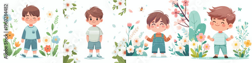 vector little boy standing happy spring mood