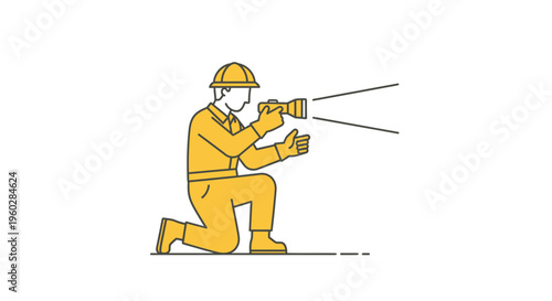 Industrial Worker Kneels With Flashlight Illuminating Darkened Area