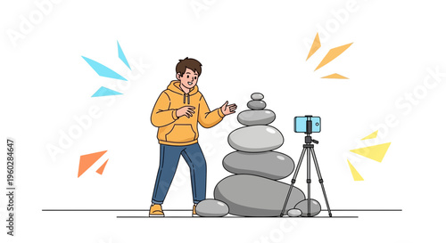 Influencer Demonstrates Stone Stacking Zen Practice Filming Online Content
