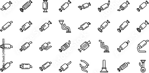 Automotive Exhaust System Line Icons Set: Collection of Muffler, Catalytic Converter, and Pipe Symbols for Vehicle Car Parts