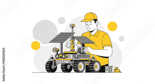 Innovative Engineer Assembling a Futuristic Solar Powered Rover