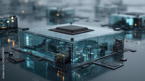 Innovative smart technology in a futuristic environment featuring a transparent computer structure and intricate circuit designs.