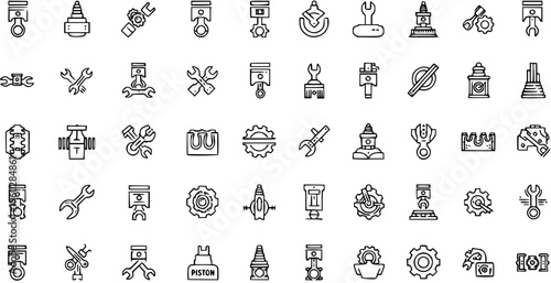 Automotive Mechanic Line Icons Set. Collection of Car Engine Parts, Repair Tools, and Maintenance Service Outline Vectors. Piston, Wrench, Gear, Spark Plug, Valve Symbols.