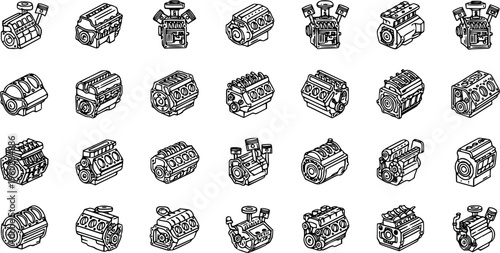 Detailed Black  White Line Art Vector Set: 32 Automotive Engine Icons. Various Types of Car Engines Illustrated for Mechanic, Repair  Racing Themes.