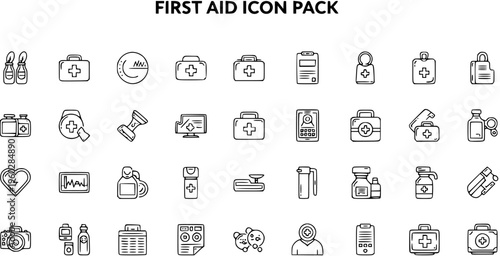 Hand-drawn First Aid Icon Pack: Medical Healthcare and Emergency Line Art Symbols Collection for Web and App Design