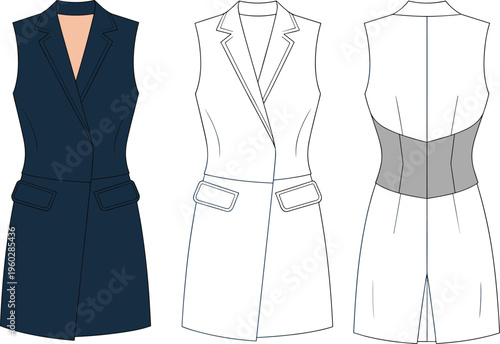 Sleeveless tailored vest dress flat vector, front and back illustration