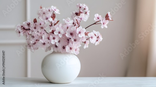 Delicate Pink Cherry Blossoms in a White Ceramic Vase on a Table.