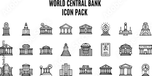 World Central Bank Icon Pack - Collection of Government  Financial Building Line Art Symbols