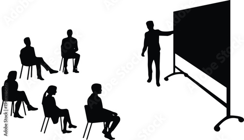 business presentation silhouette vector, meeting training seminar scene, speaker with audience, corporate education concept illustration design