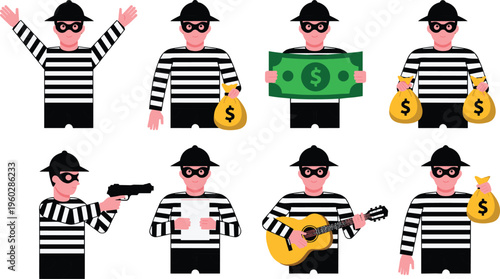 Cartoon thief character set with money bag, mask, gun, guitar and different poses isolated flat vector illustration collection