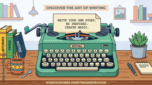 Vintage Typewriter With Inspiring Text on Desk