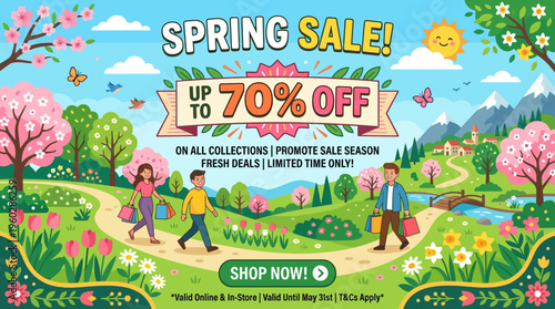 Spring Sale Banner with Discounts Nature and People