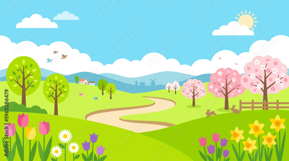 Fototapeta premium Spring Landscape with Rolling Hills and Blooming Trees