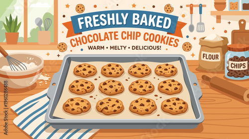 Freshly Baked Chocolate Chip Cookies on Baking Sheet