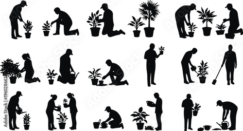 Gardening people silhouette set with planting, watering, pruning and caring activities, collection of gardeners working with plants vector illustration