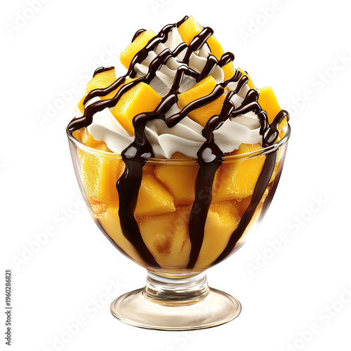 A delicious mango dessert in a glass bowl on transparent background
