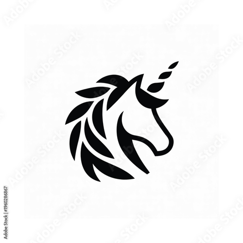Stylized black unicorn head with a flowing mane and single horn